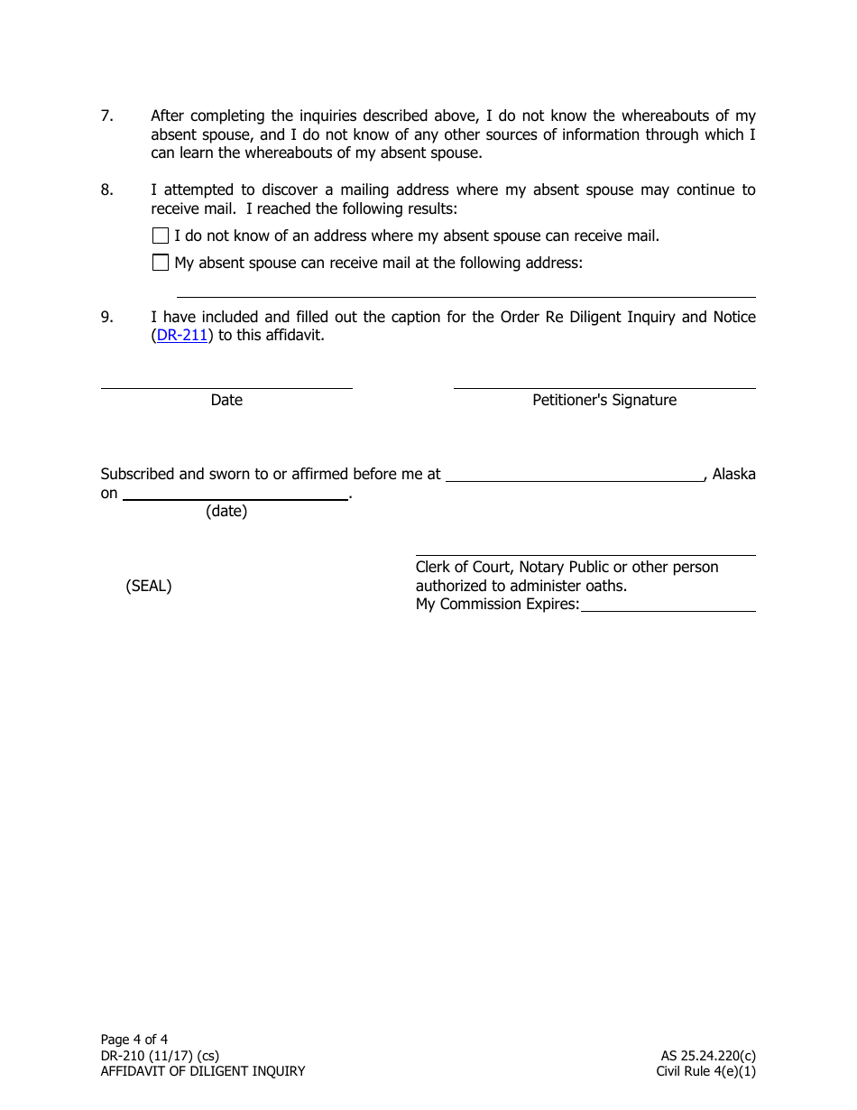 Form DR-210 Affidavit of Diligent Inquiry - Alaska, Page 4