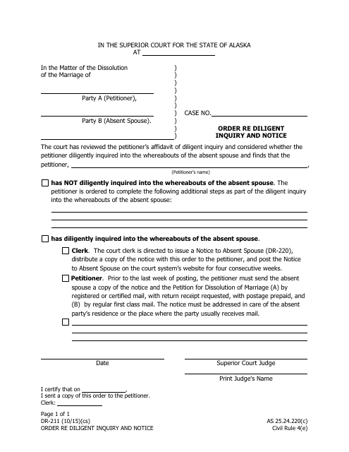 Form DR-211 Order Re Diligent Inquiry and Notice - Alaska