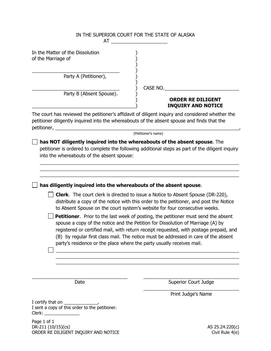 Form DR-211 Order Re Diligent Inquiry and Notice - Alaska, Page 1