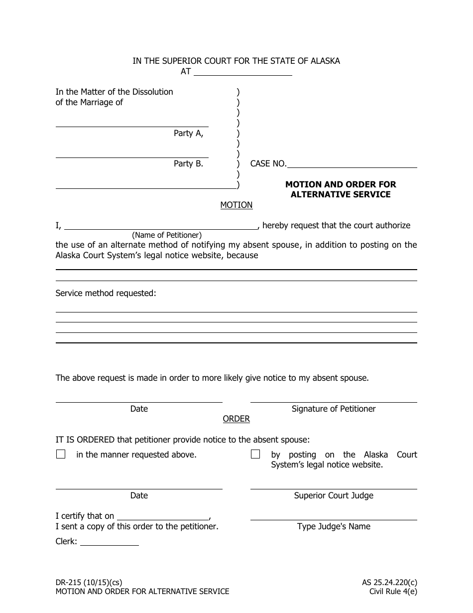 Form DR-215 Motion and Order for Alternative Service - Alaska, Page 1