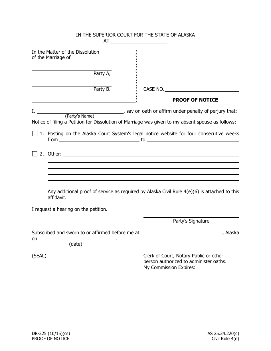 Form DR-225 Proof of Notice - Alaska, Page 1