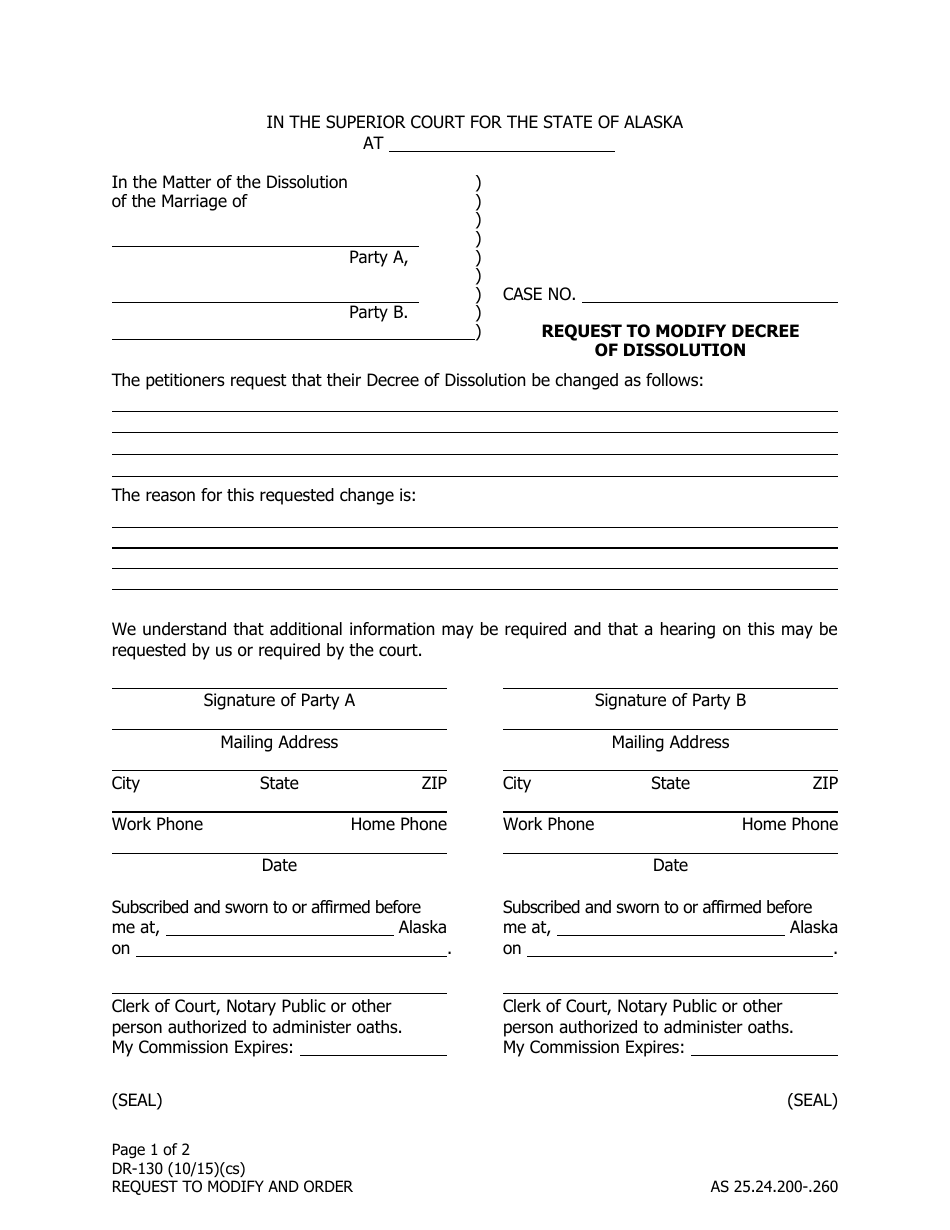 Form DR-130 Request to Modify Decree of Dissolution and Order - Alaska, Page 1