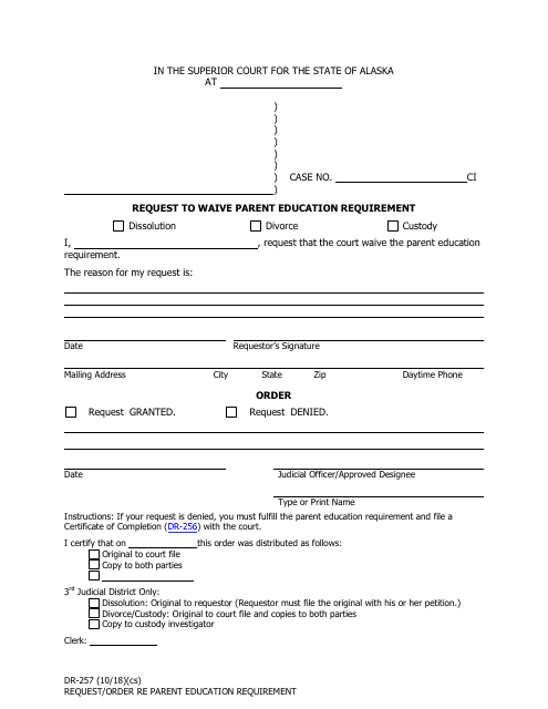Form DR-257 Request to Waive Parent Education Requirement - Alaska