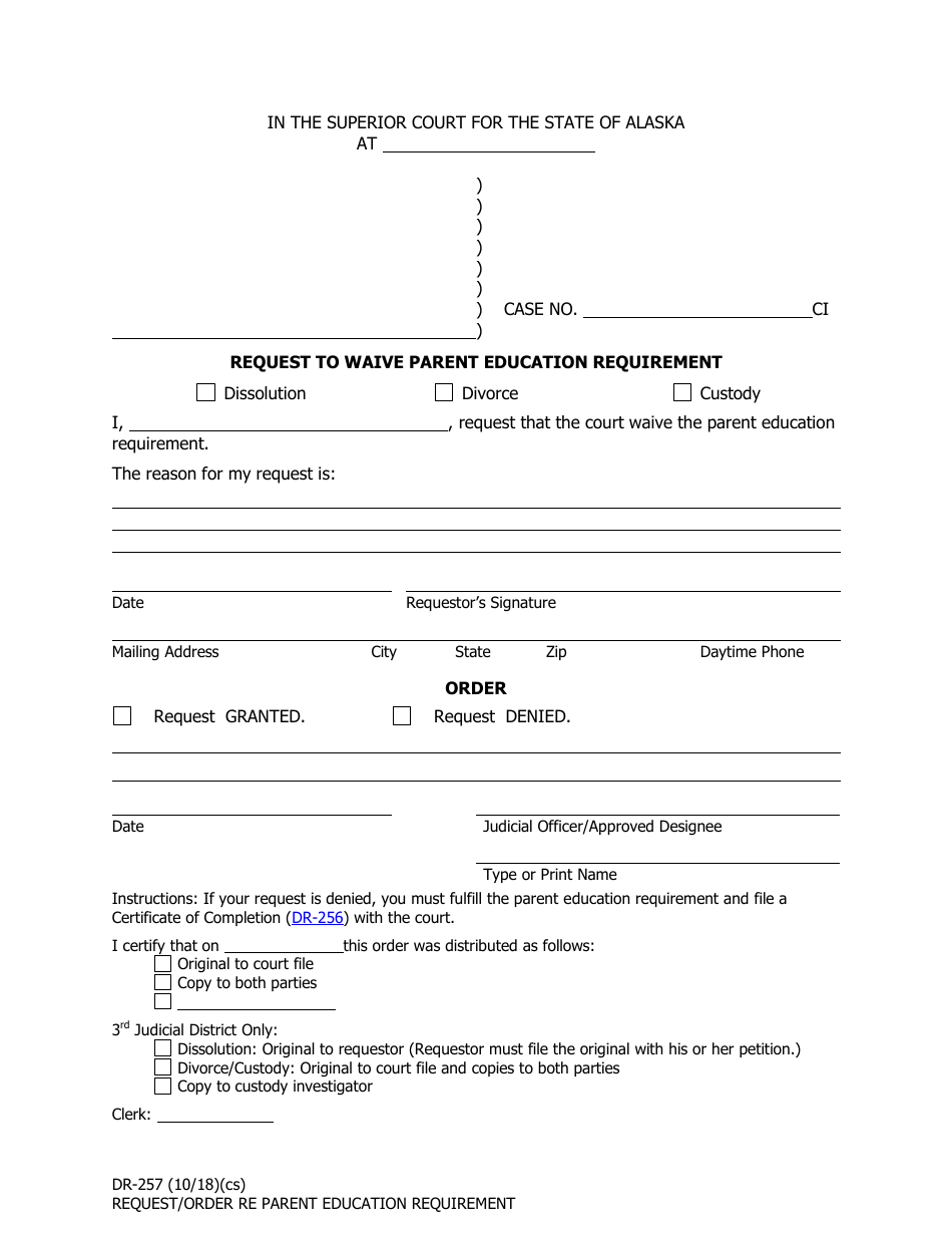Form DR-257 Request to Waive Parent Education Requirement - Alaska, Page 1