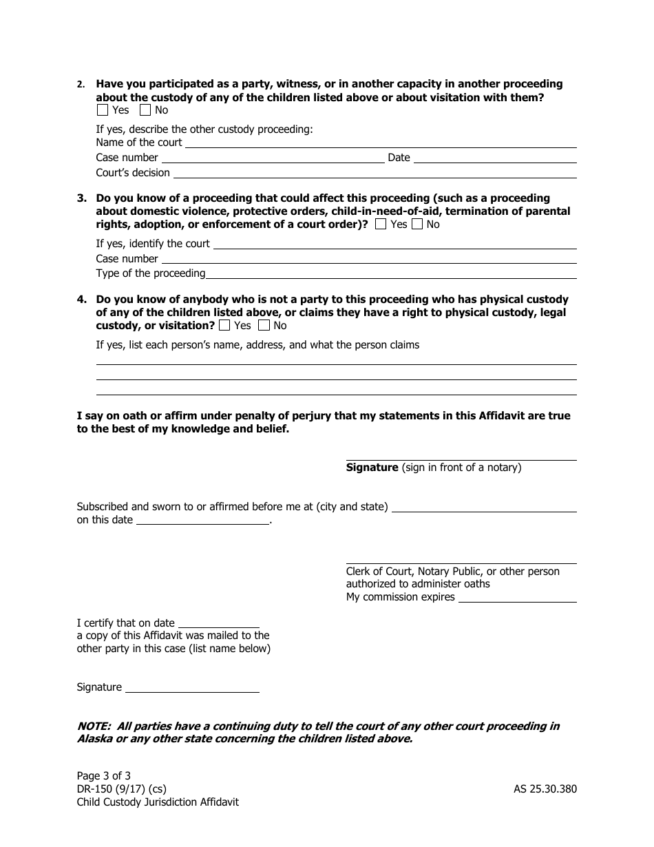 Form DR-150 Child Custody Jurisdiction Affidavit - Alaska, Page 3
