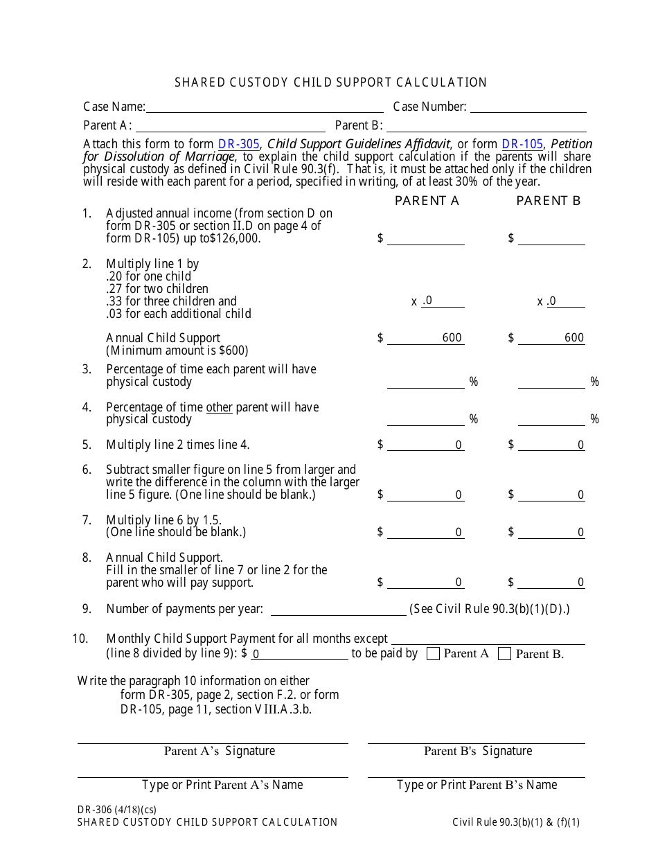 Form DR-306 Shared Custody Child Support Calculation - Alaska, Page 1