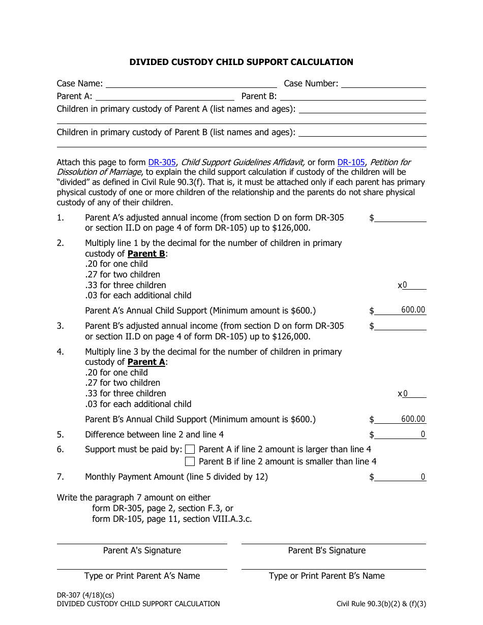 Form DR-307 Divided Custody Child Support Calculation - Alaska, Page 1