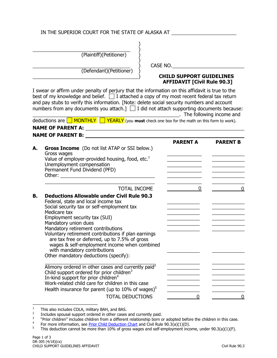 Form DR-305 Child Support Guidelines Affidavit [civil Rule 90.3] - Alaska, Page 1