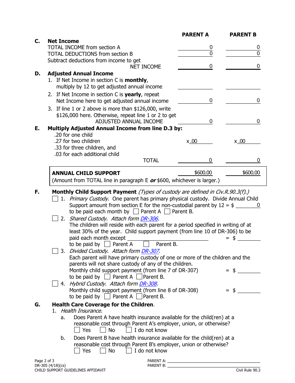 Form DR-305 Child Support Guidelines Affidavit [civil Rule 90.3] - Alaska, Page 2