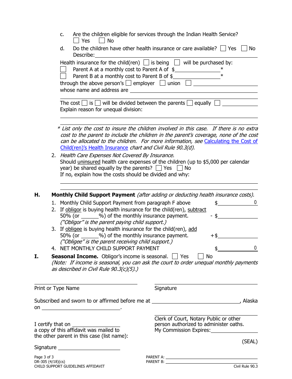 Form DR-305 Child Support Guidelines Affidavit [civil Rule 90.3] - Alaska, Page 3