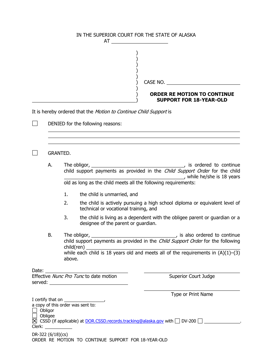 Form DR-322 Order Re Motion to Continue Support for 18-year-Old - Alaska, Page 1