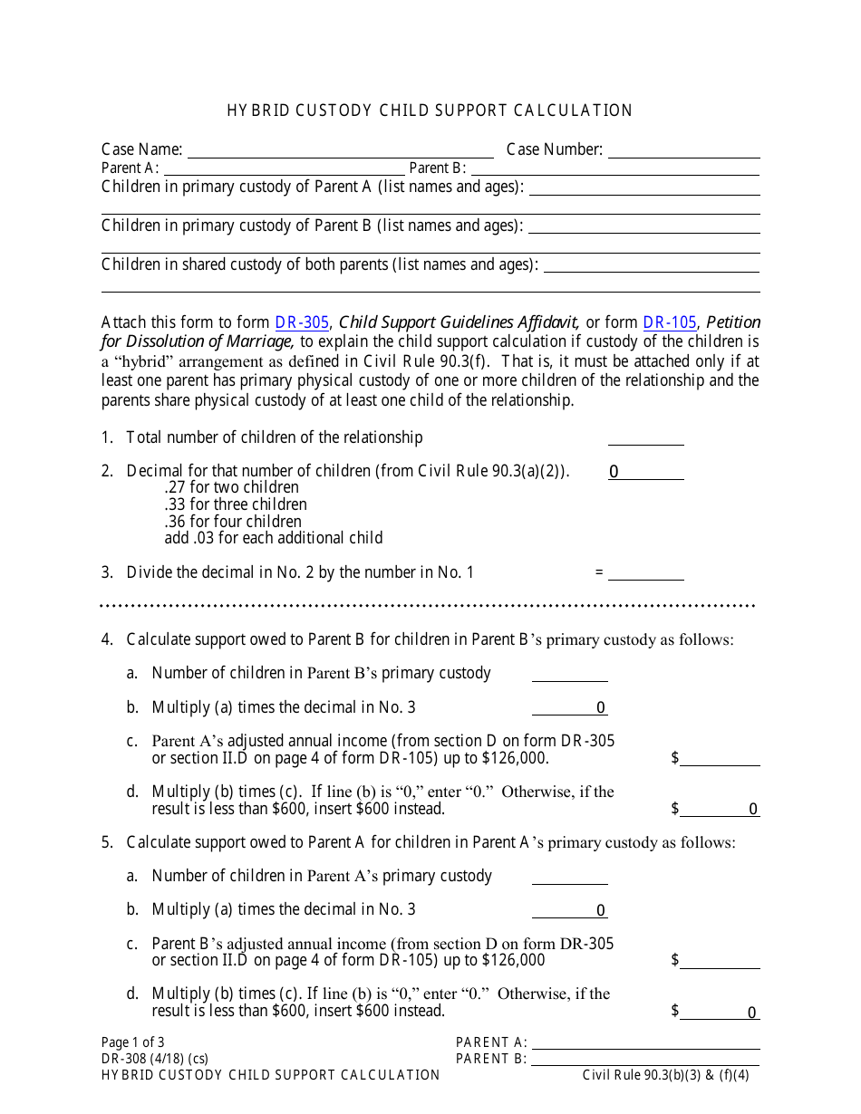 Form DR-308 Hybrid Custody Child Support Calculation - Alaska, Page 1