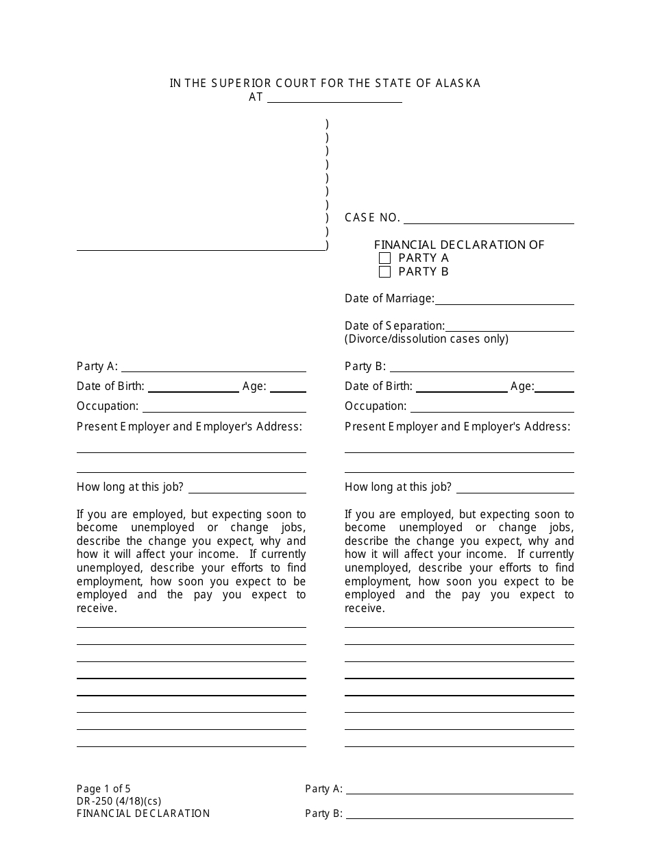 Form DR-250 Financial Declaration - Alaska, Page 1