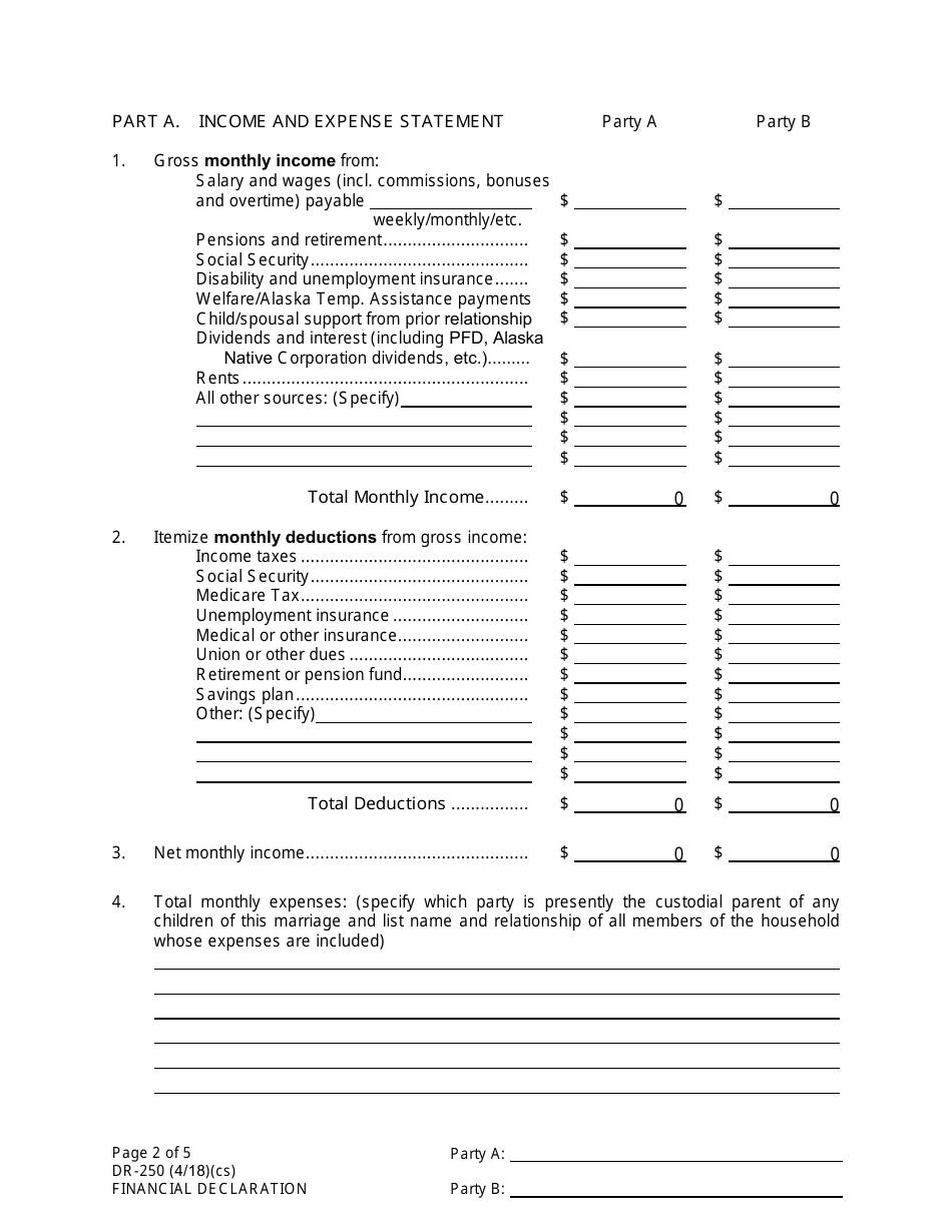Form DR-250 Financial Declaration - Alaska, Page 2