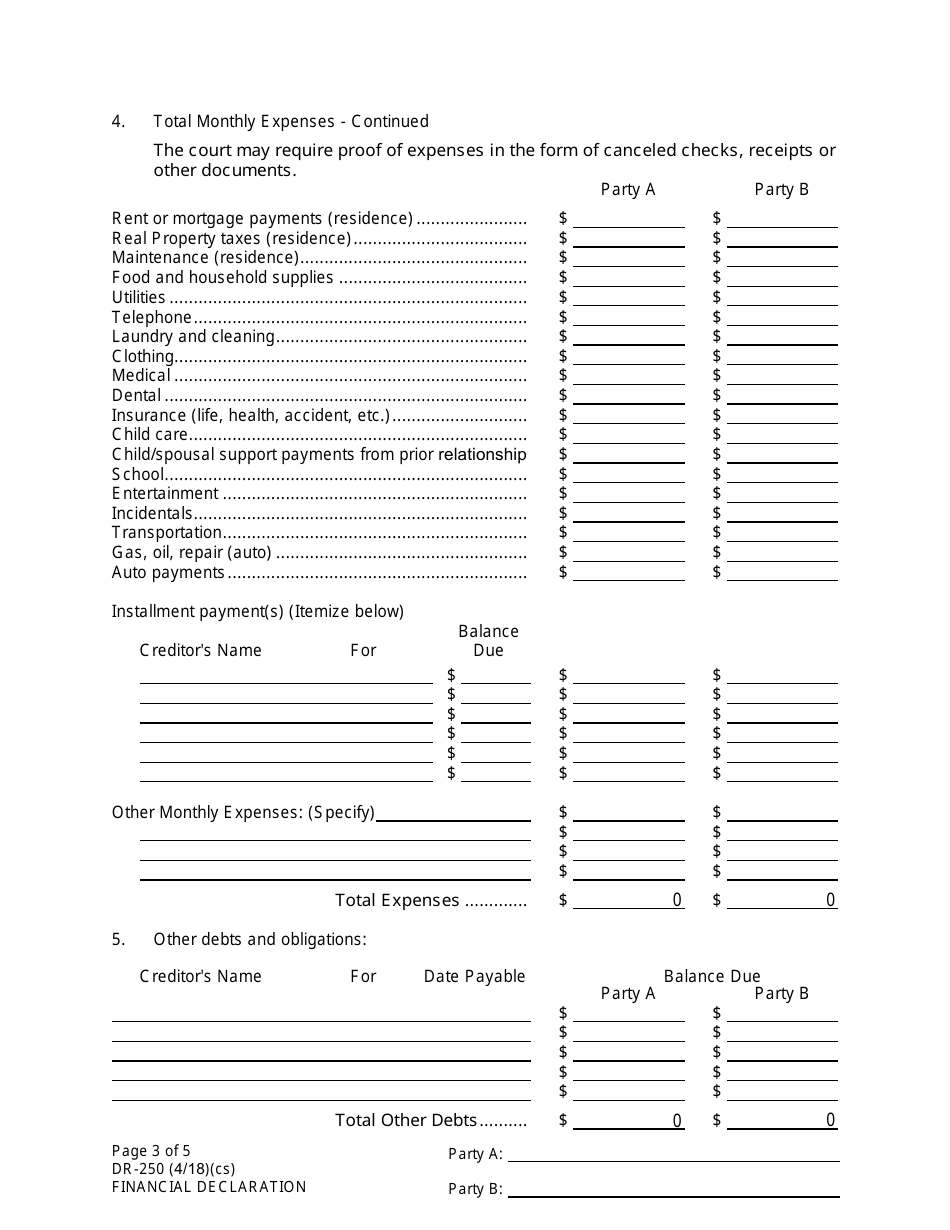 Form DR-250 Financial Declaration - Alaska, Page 3
