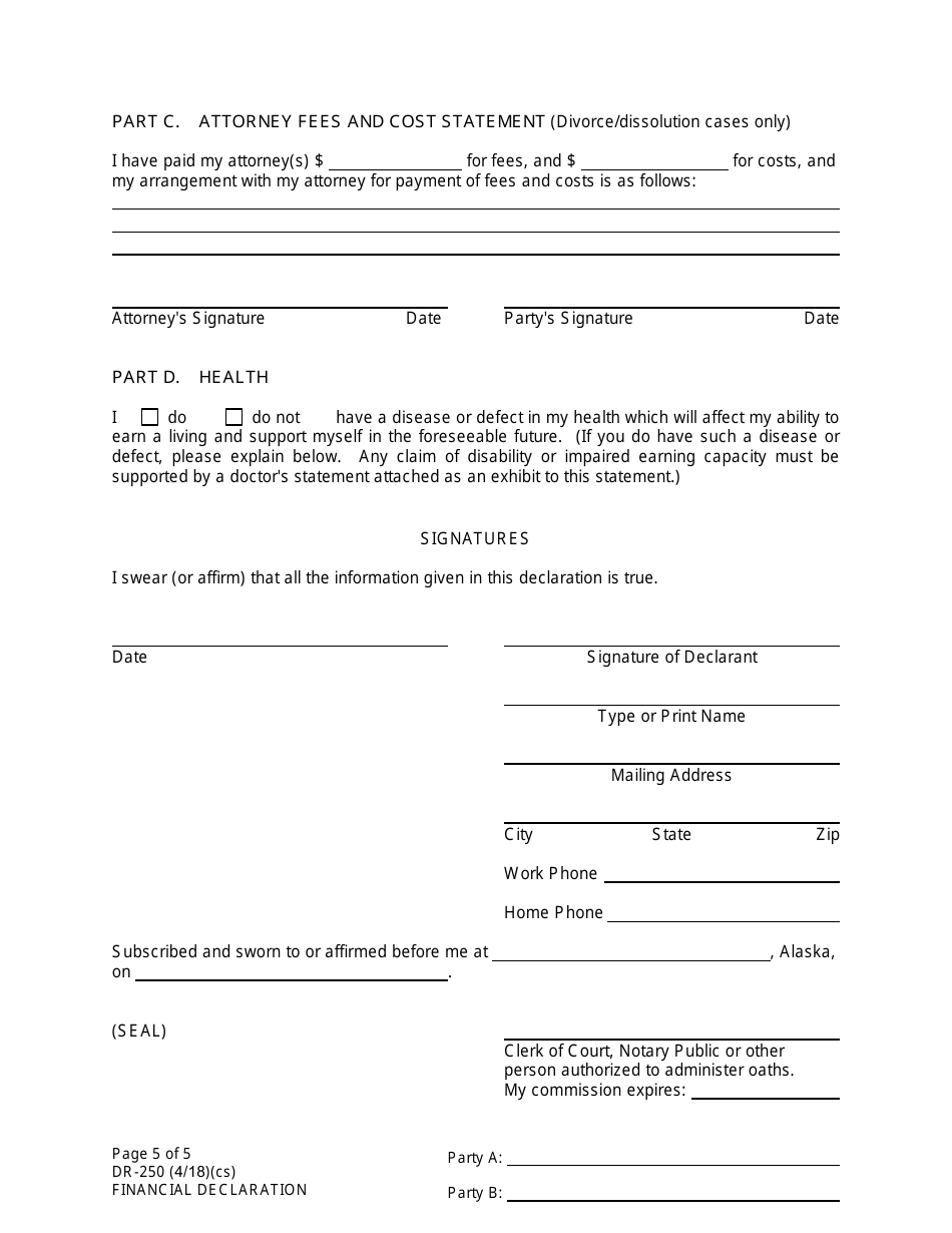 Form DR-250 Financial Declaration - Alaska, Page 5