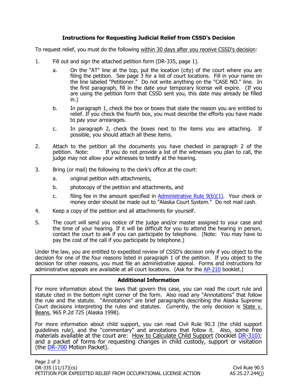 Form DR-335 Petition for Expedited Relief From Occupational License Action - Alaska, Page 2