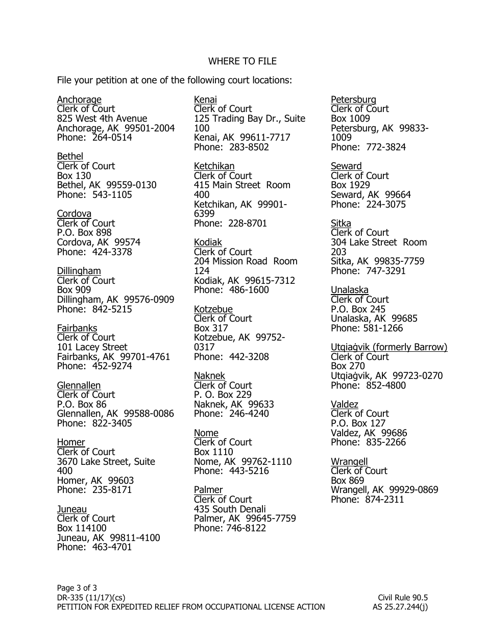 Form DR-335 Petition for Expedited Relief From Occupational License Action - Alaska, Page 3