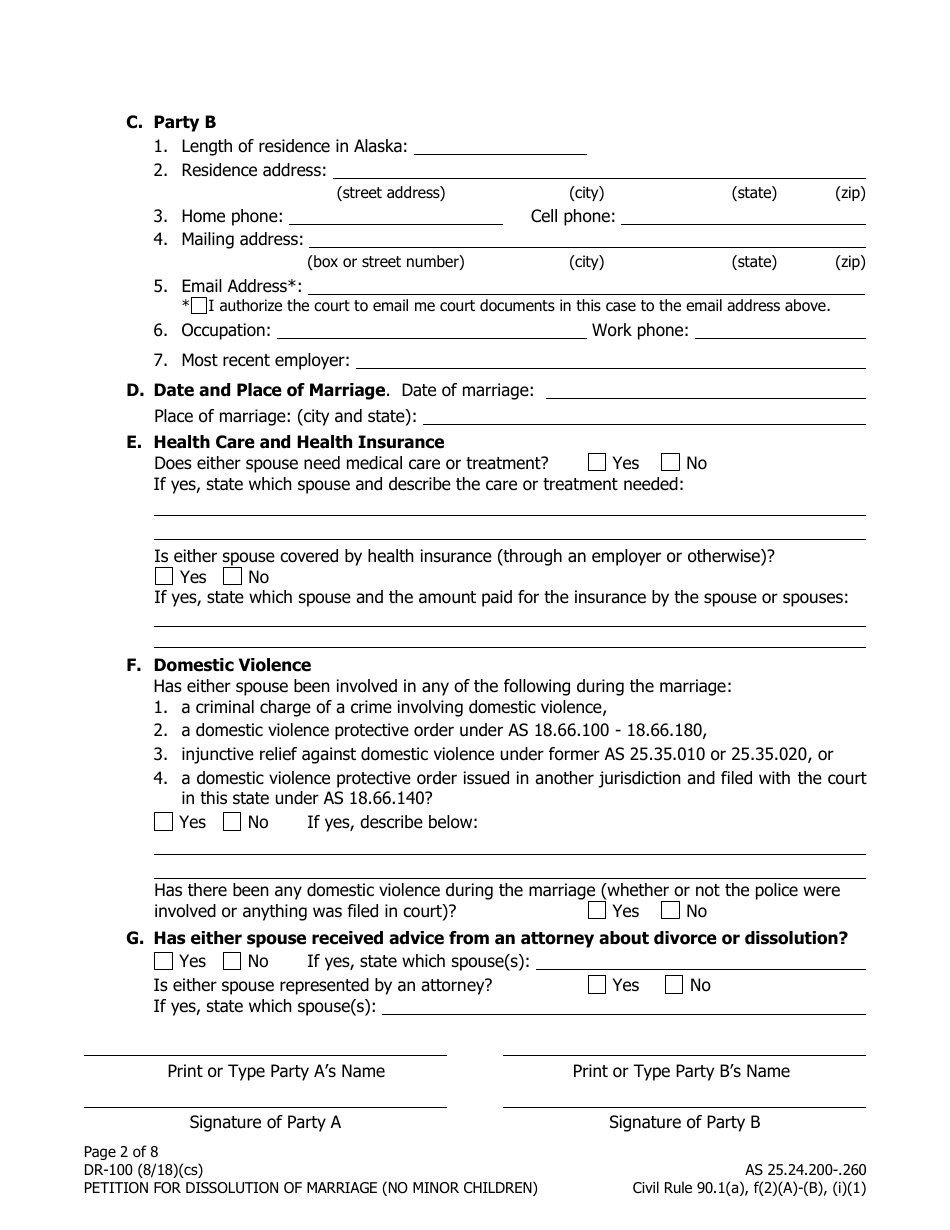 Form DR-100 Petition for Dissolution of Marriage (No Minor Children) - Alaska, Page 2