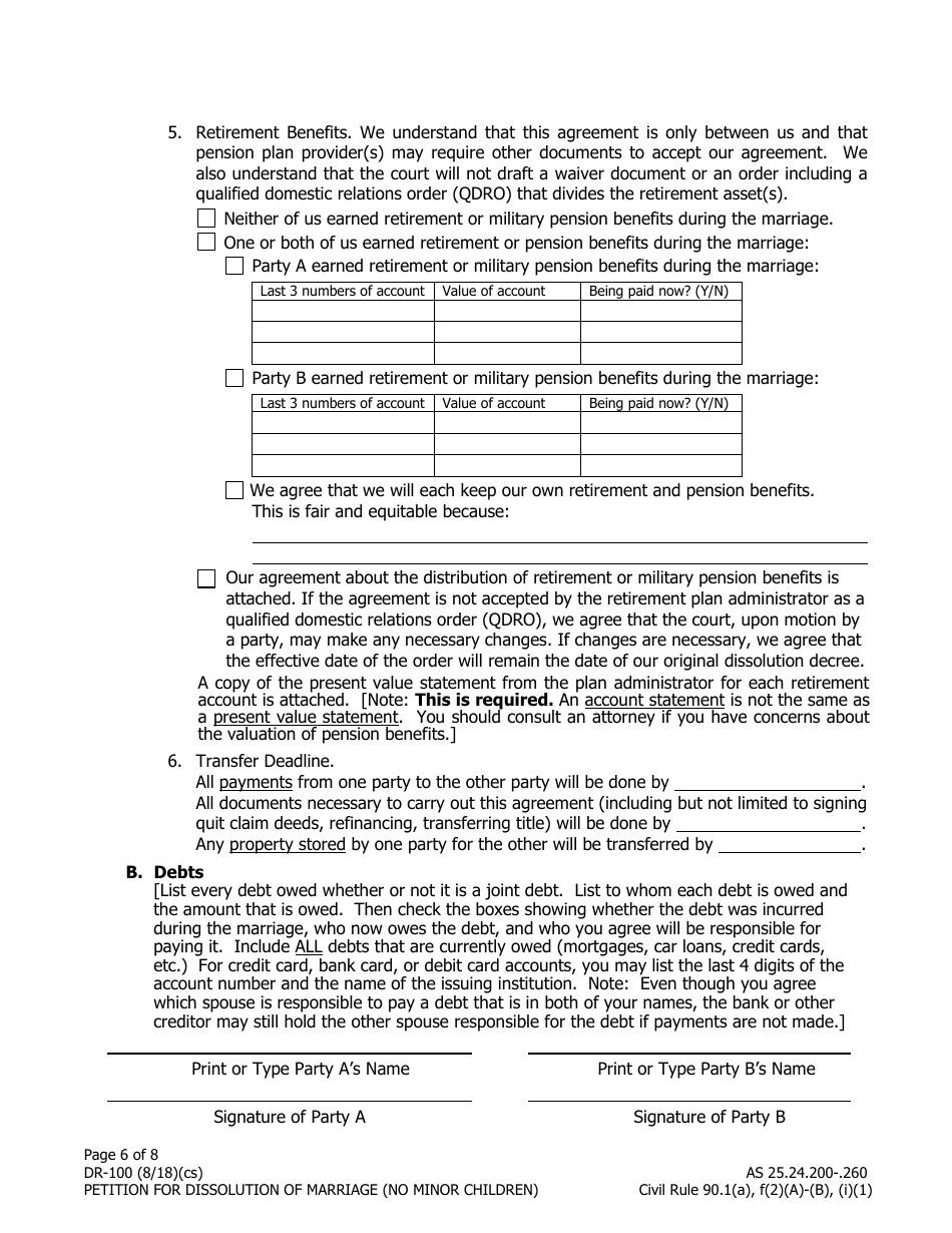 Form DR-100 Petition for Dissolution of Marriage (No Minor Children) - Alaska, Page 6