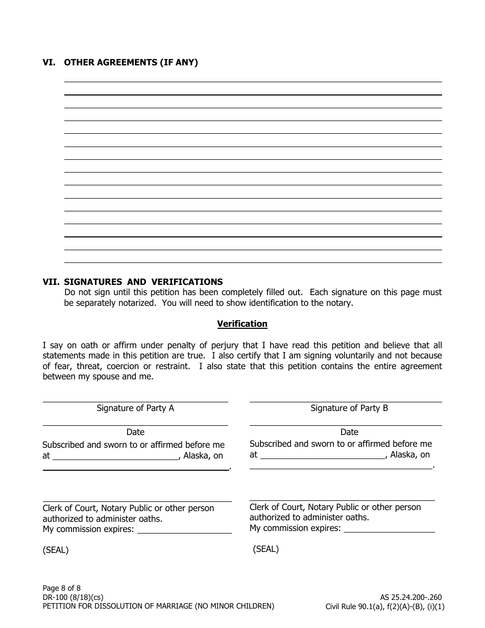 Form DR-100 Petition for Dissolution of Marriage (No Minor Children) - Alaska, Page 8