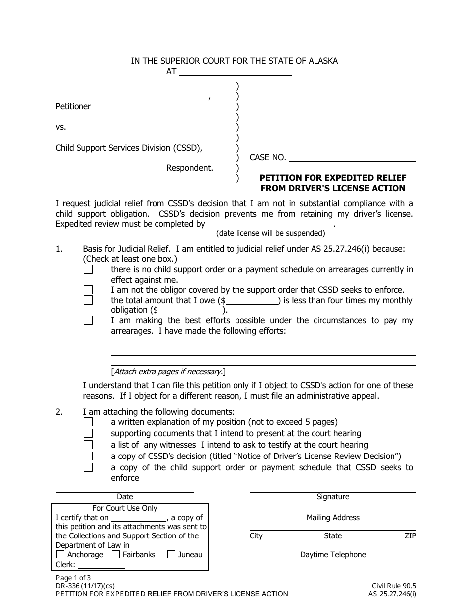 Form DR-336 Petition for Expedited Relief From Drivers License Action - Alaska, Page 1