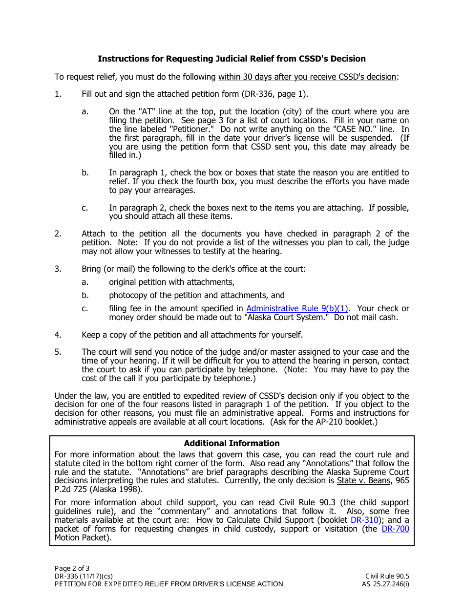 Form DR-336 Petition for Expedited Relief From Drivers License Action - Alaska, Page 2