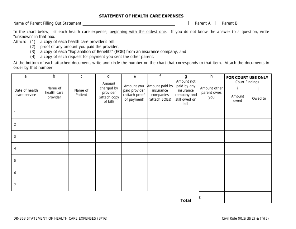 Form DR-353 Statement of Health Care Expenses - Alaska, Page 1