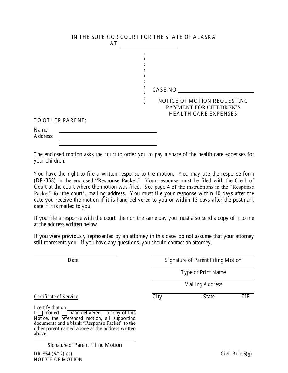 Form DR-354 Notice of Motion Requesting Payment for Childrens Health Care Expenses - Alaska, Page 1