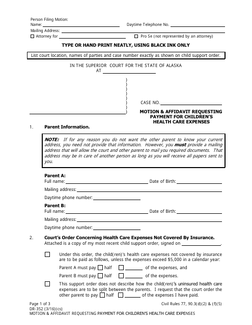 Form DR-352 Motion & Affidavit Requesting Payment for Children's Health Care Expenses - Alaska