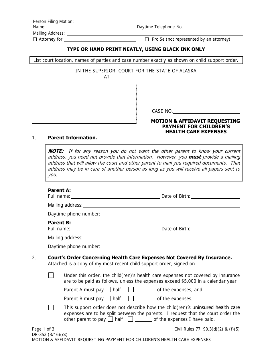 Form DR-352 Motion  Affidavit Requesting Payment for Childrens Health Care Expenses - Alaska, Page 1
