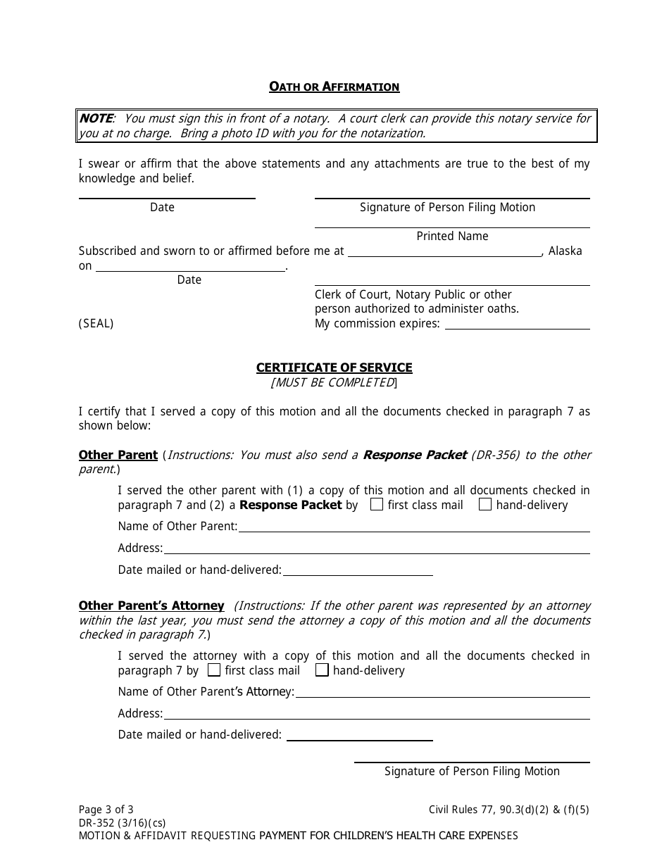 Form DR-352 Motion  Affidavit Requesting Payment for Childrens Health Care Expenses - Alaska, Page 3