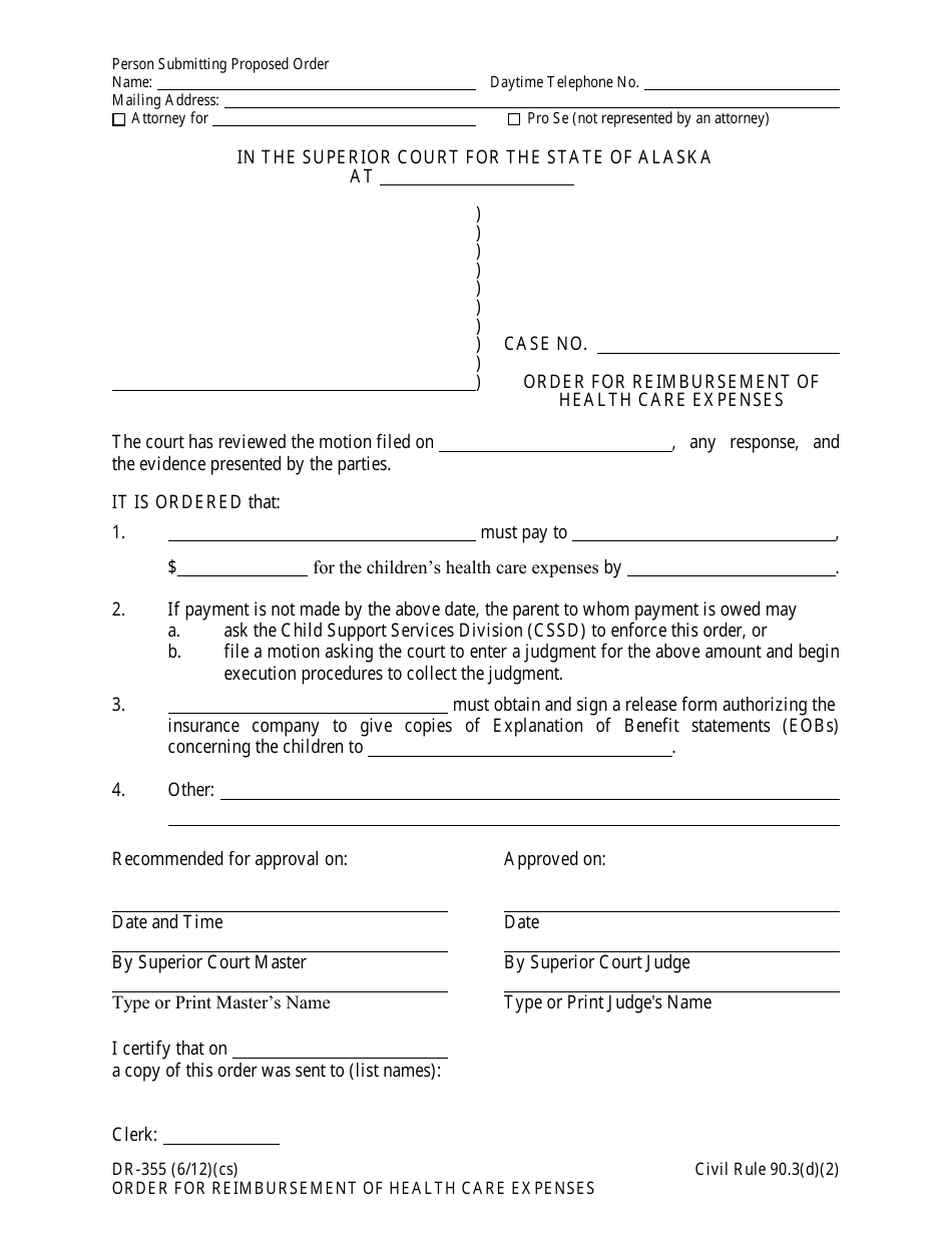 Form DR-355 Order for Reimbursement of Health Care Expenses - Alaska, Page 1