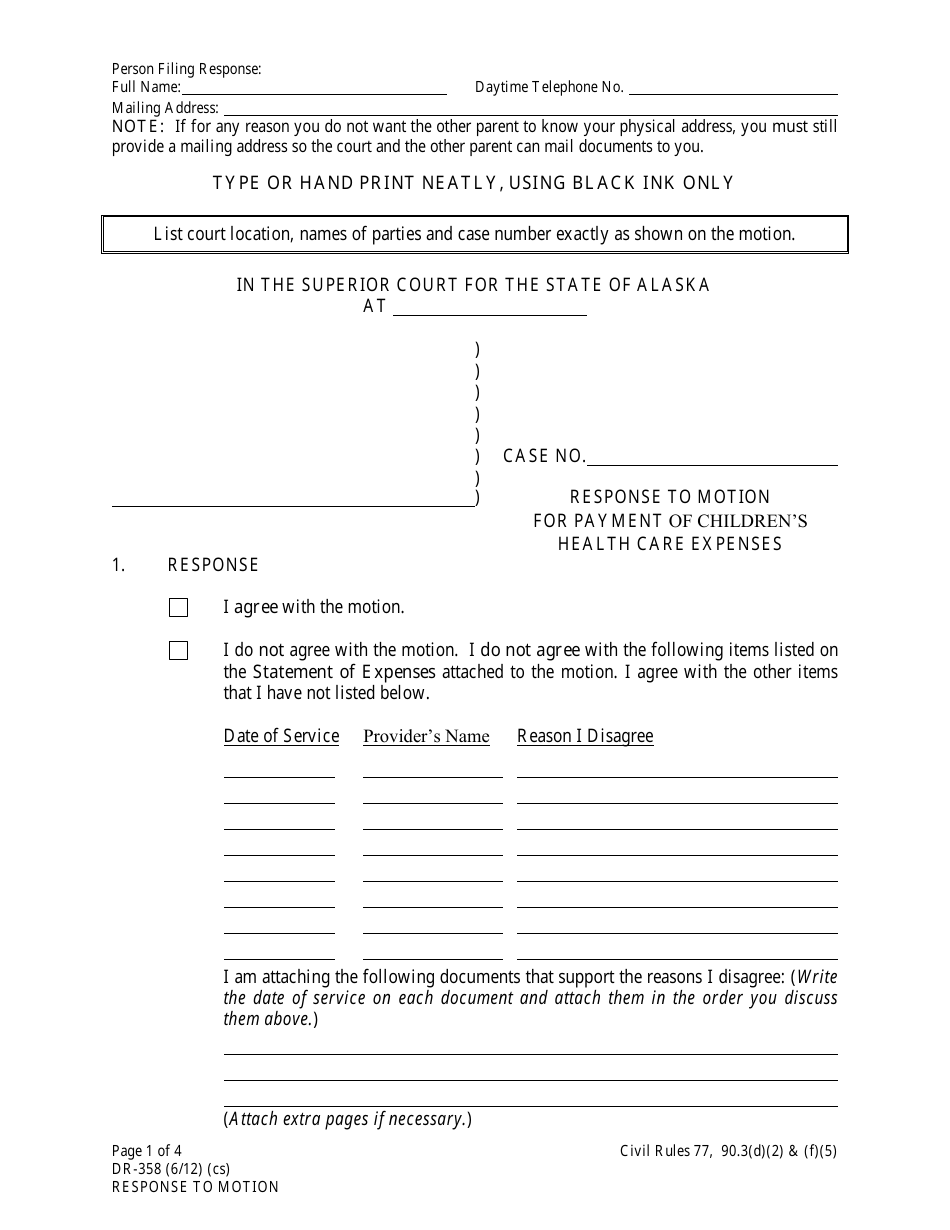 Form DR-358 Response to Motion for Payment of Childrens Health Care Expenses - Alaska, Page 1