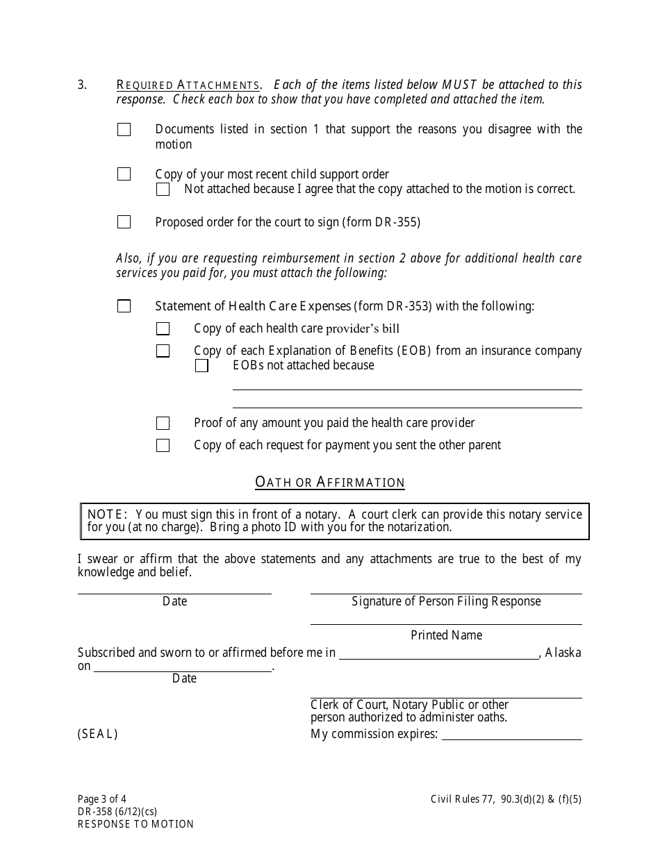 Form DR-358 Response to Motion for Payment of Childrens Health Care Expenses - Alaska, Page 3