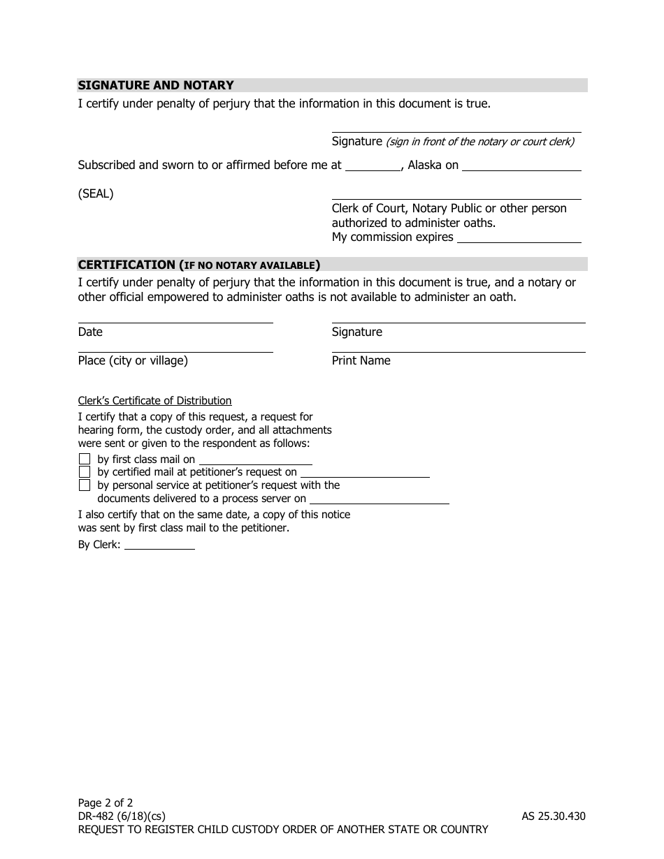 Form DR-482 Request to Register Child Custody Order of Another State or Country - Alaska, Page 2