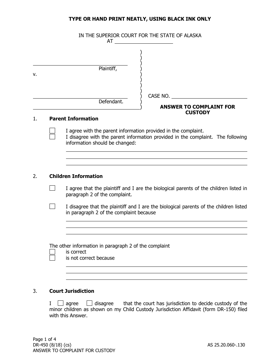 Form DR-450 Answer to Complaint for Custody - Alaska, Page 1