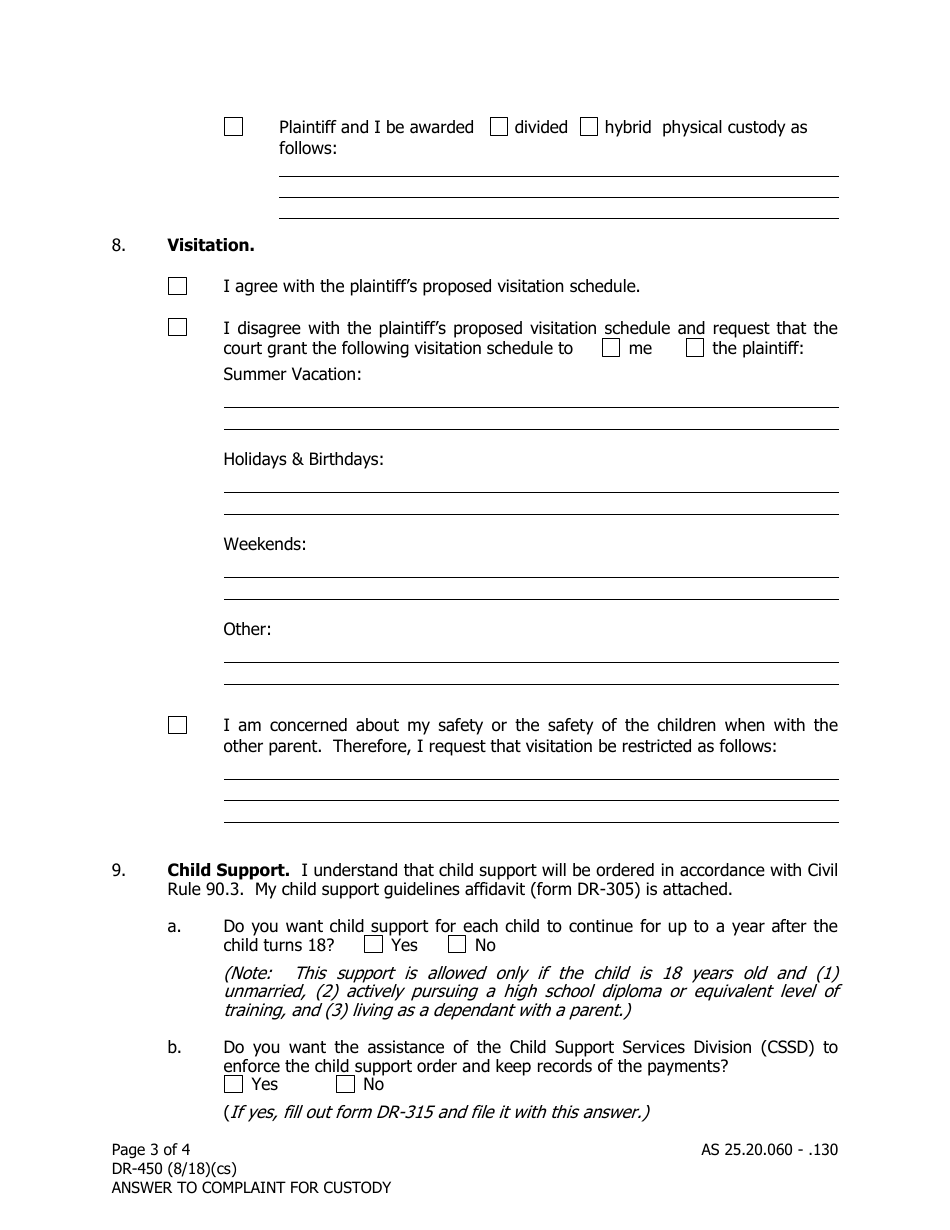 Form DR-450 Answer to Complaint for Custody - Alaska, Page 3