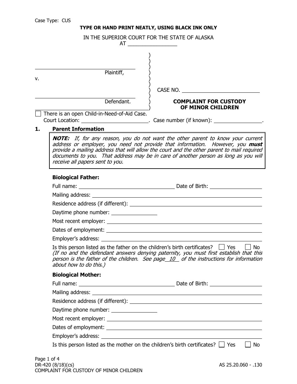 Form DR-420 Complaint for Custody of Minor Children - Alaska, Page 1