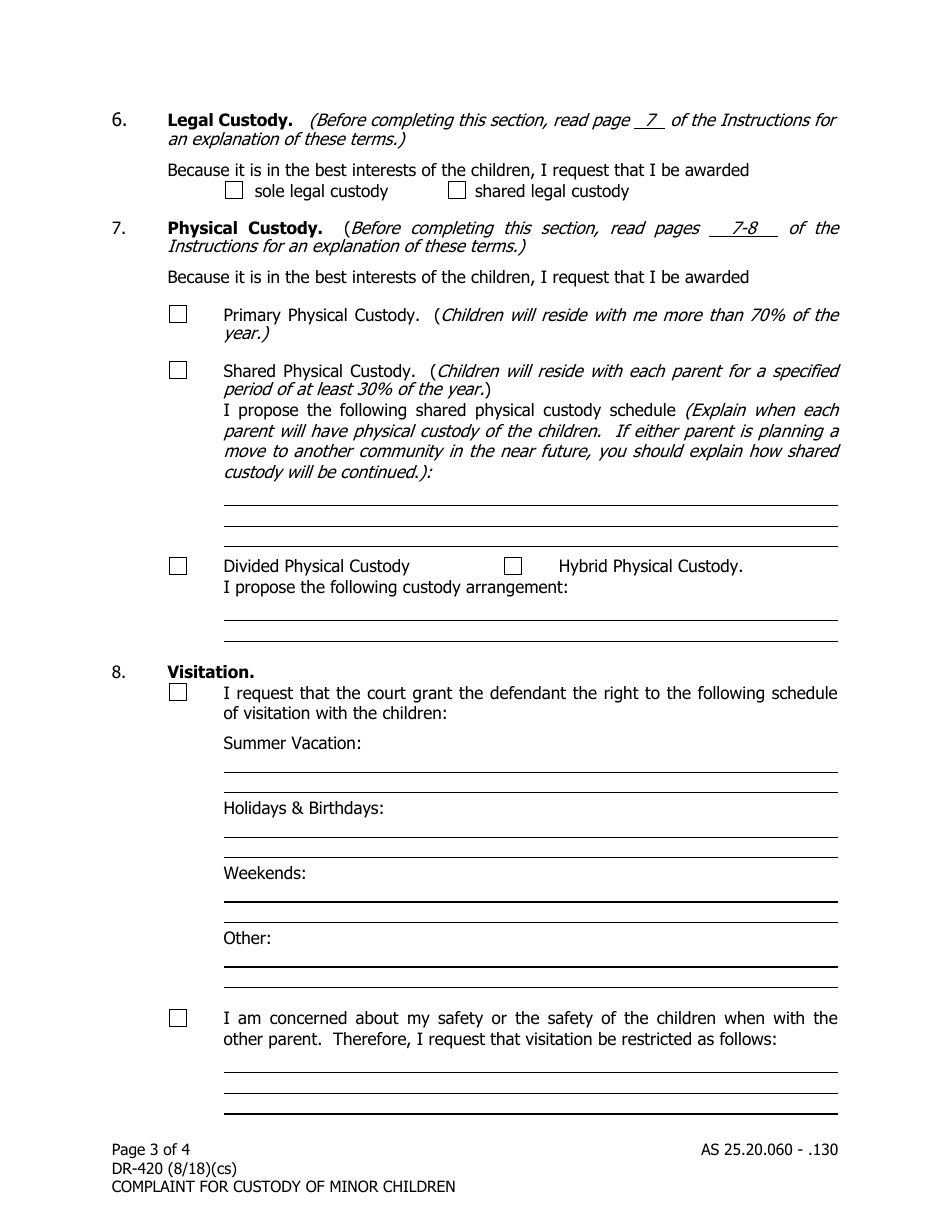 Form DR-420 Complaint for Custody of Minor Children - Alaska, Page 3