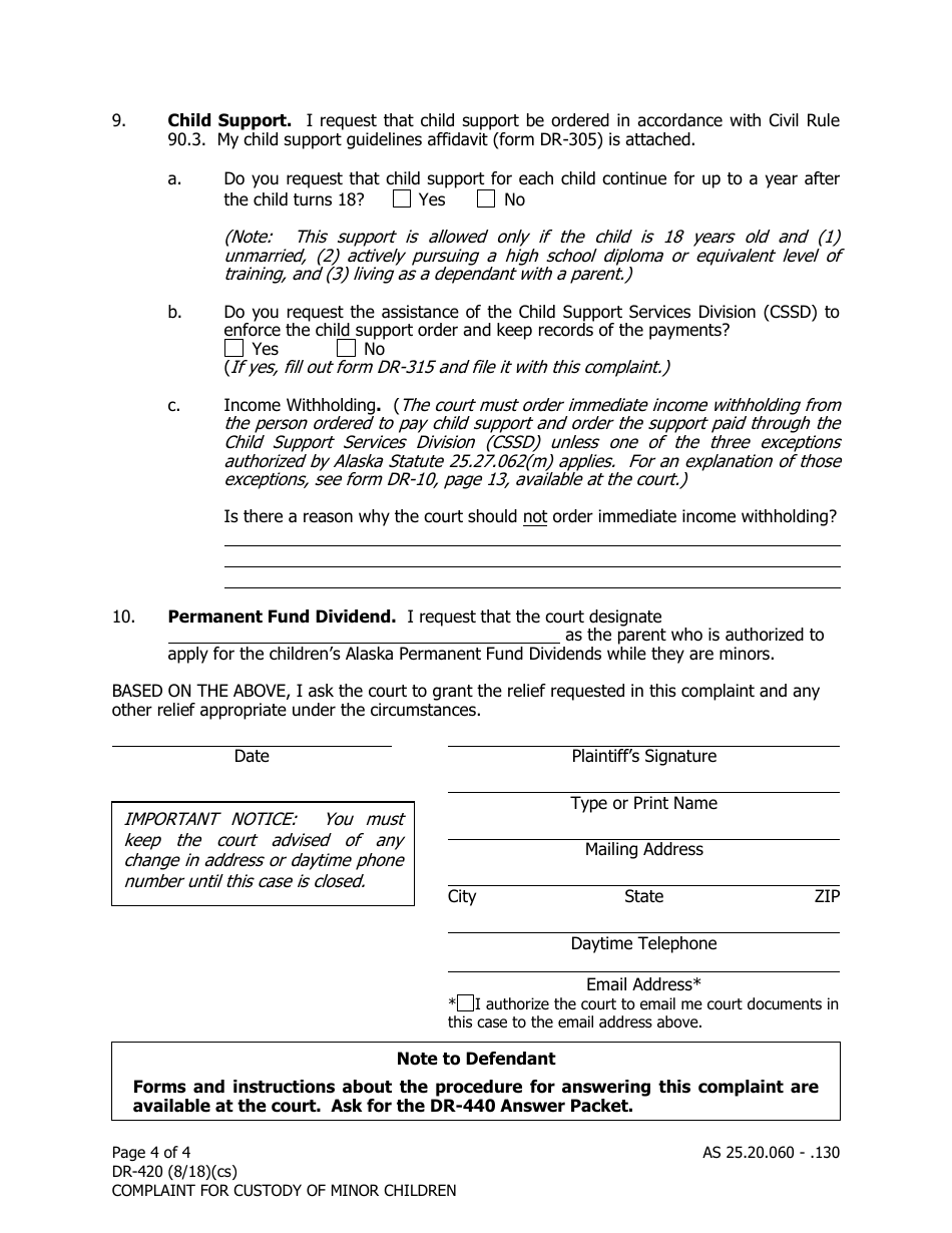 Form DR-420 Complaint for Custody of Minor Children - Alaska, Page 4