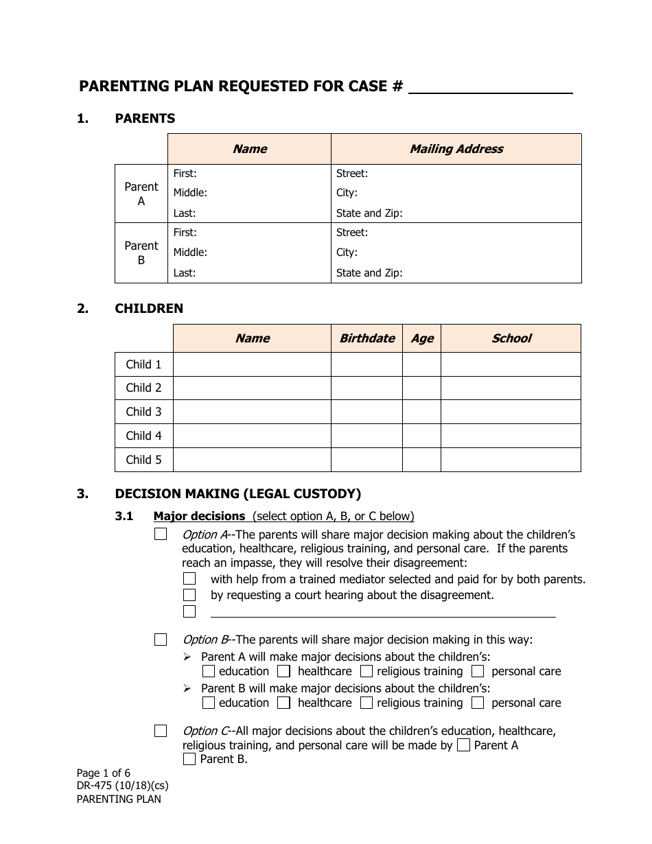 Form DR-475 Parenting Plan - Alaska, Page 1