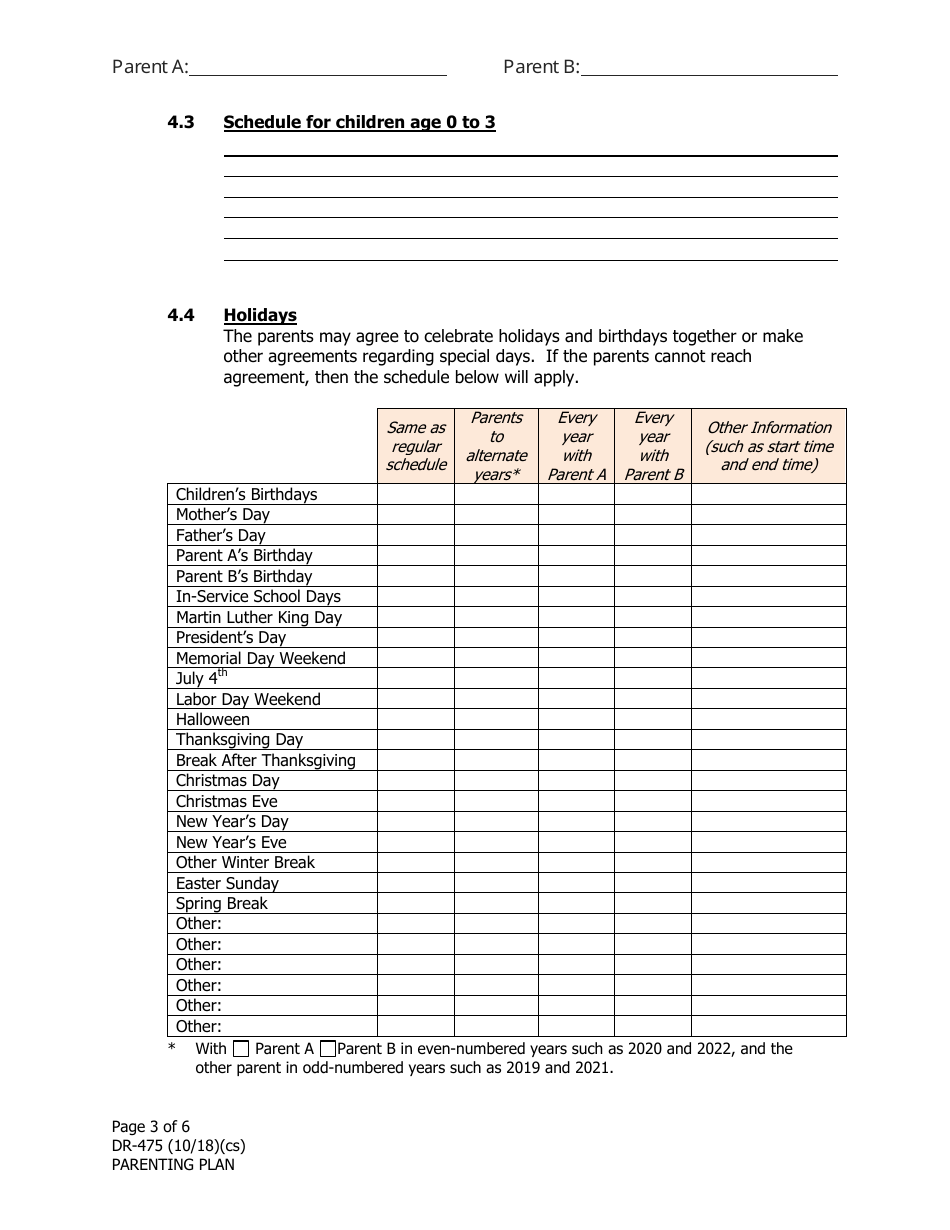 Form DR-475 Parenting Plan - Alaska, Page 3