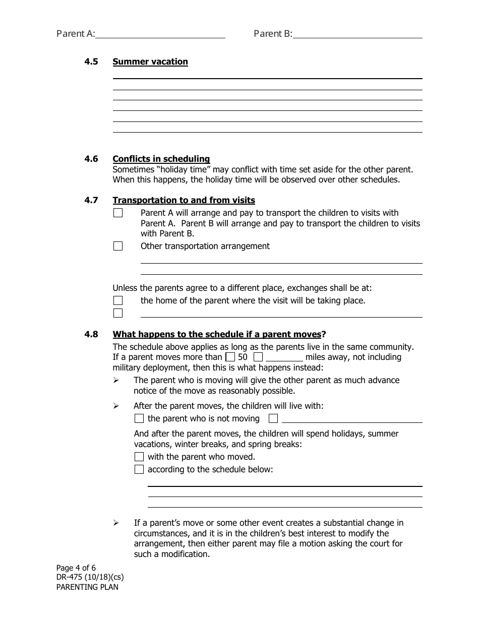 Form DR-475 Parenting Plan - Alaska, Page 4