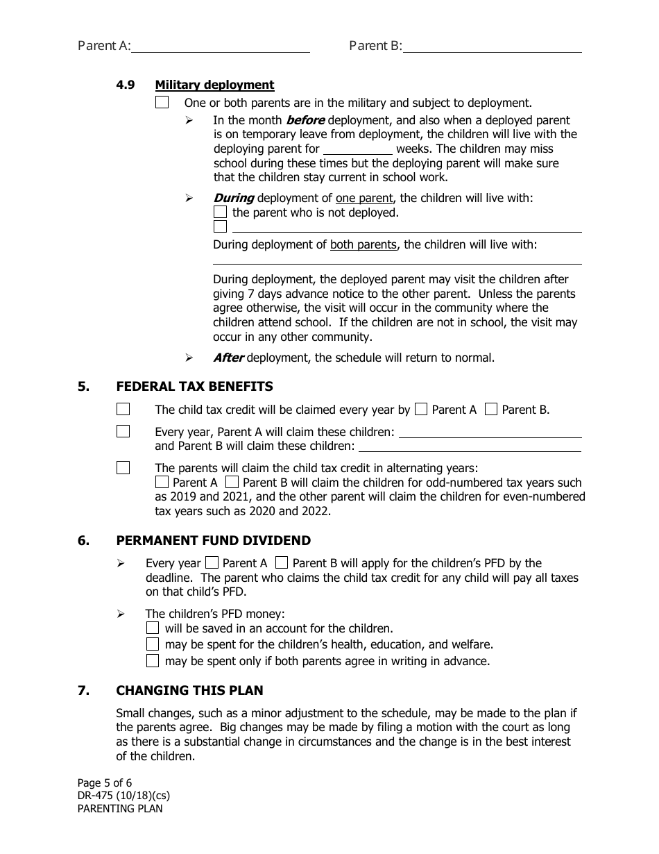 Form DR-475 Parenting Plan - Alaska, Page 5