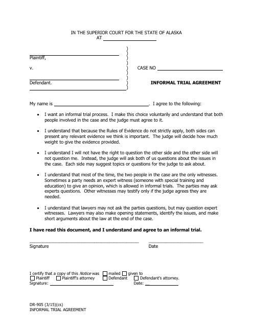 Form DR-905 Informal Trial Agreement - Alaska