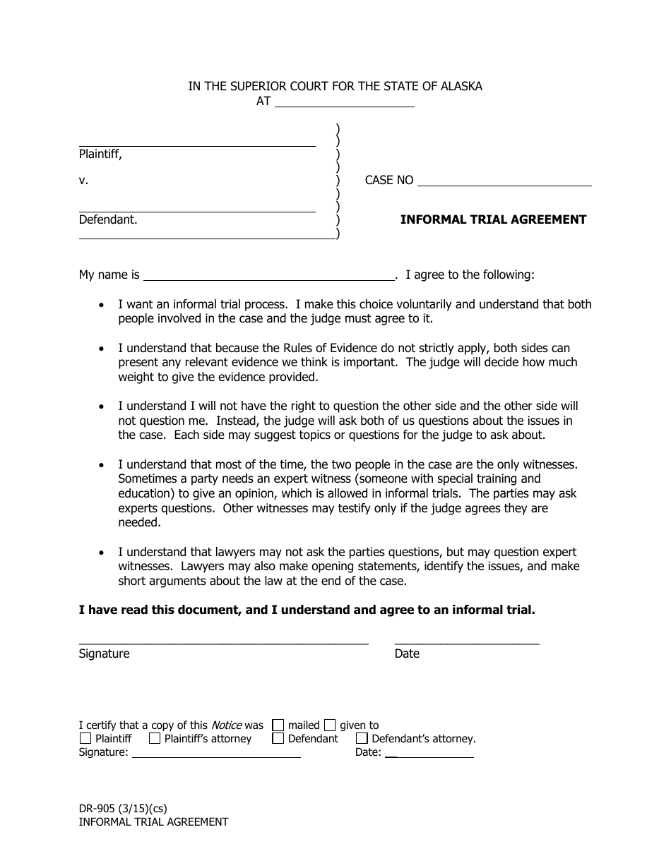 Form DR-905 Informal Trial Agreement - Alaska, Page 1