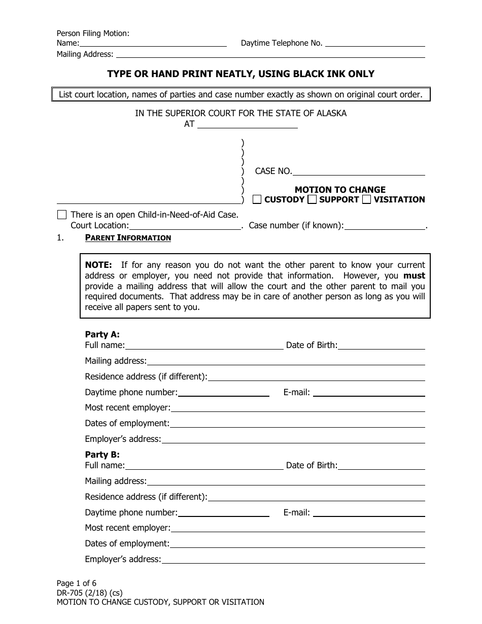 Form DR-705 Motion to Change Custody, Support or Visitation - Alaska, Page 1