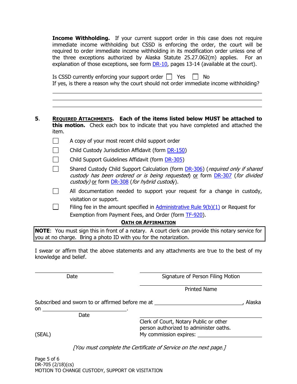 Form DR-705 Motion to Change Custody, Support or Visitation - Alaska, Page 5