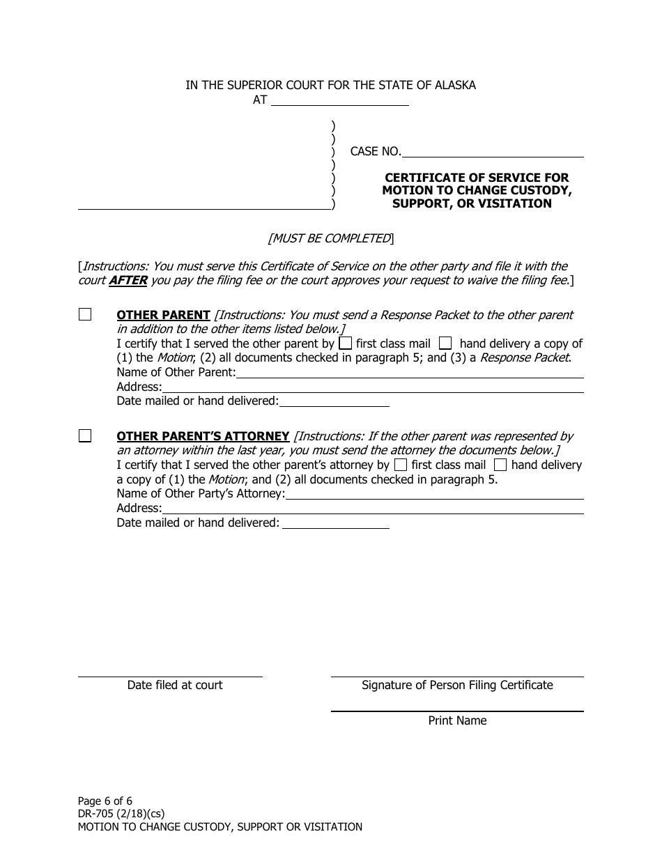 Form DR-705 Motion to Change Custody, Support or Visitation - Alaska, Page 6